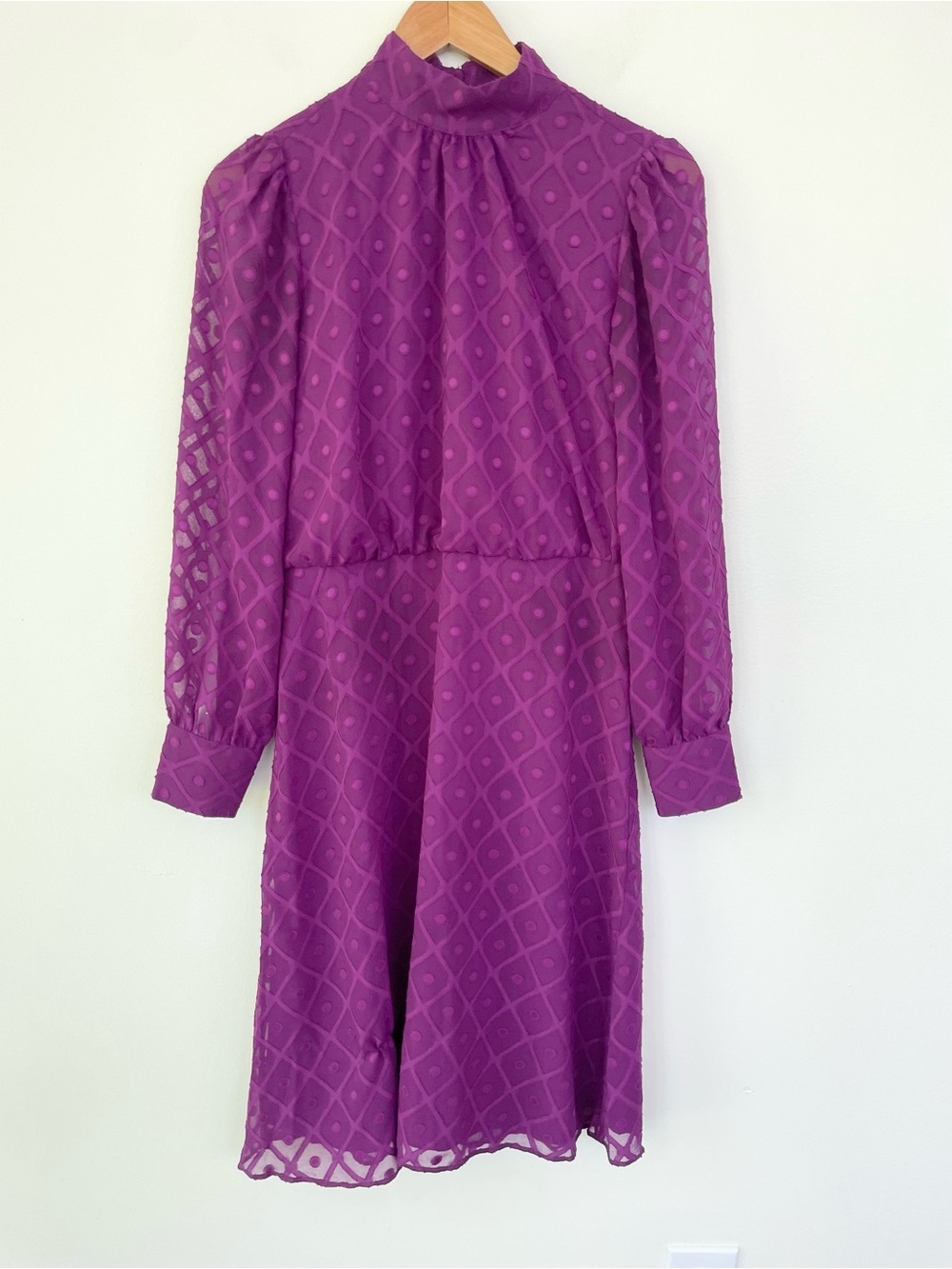 Ann Taylor Mock Neck Long Sleeve Midi Dress Purple size 00 Mesh Button Cuffs